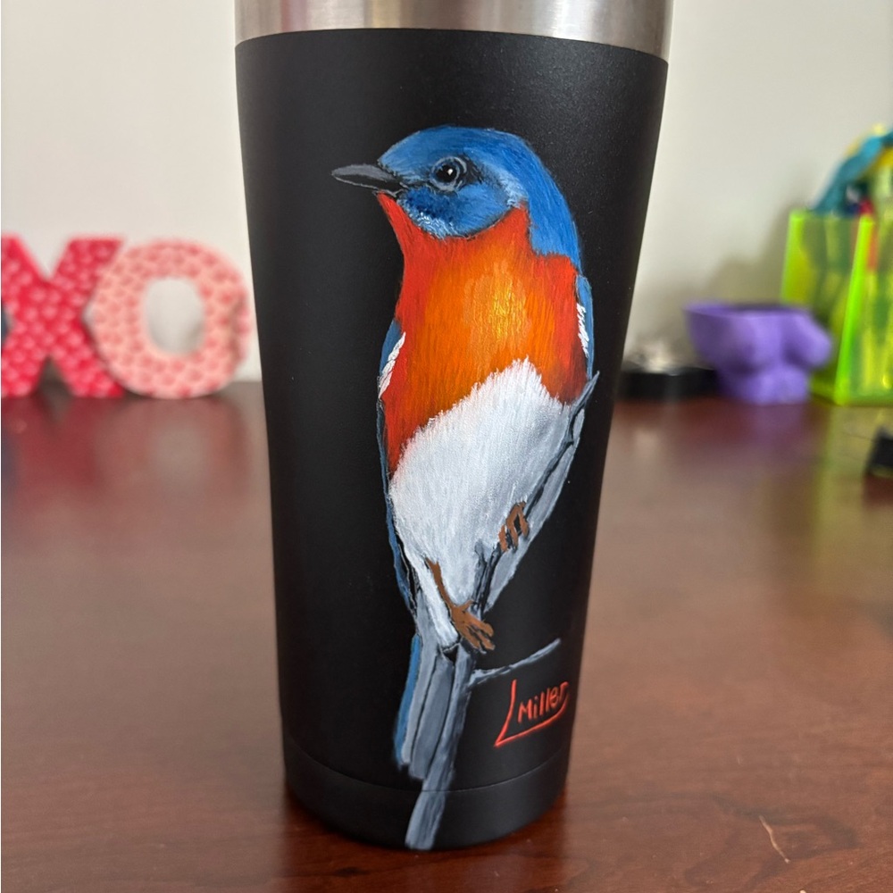 Black Tumbler with Hand Painted Bird Design